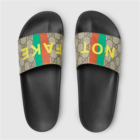 gucci men's 'fake/not' print slide sandals - beige multi|Gucci Fake/Not Print Slides .